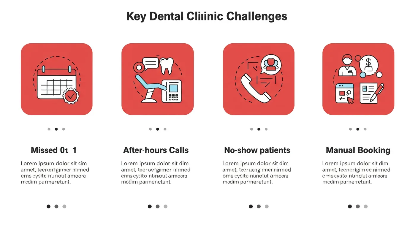 Infographic showing five dental clinic pain points: after-hours queries, no-shows, recall reminders, insurance pre-checks, post-op follow-up