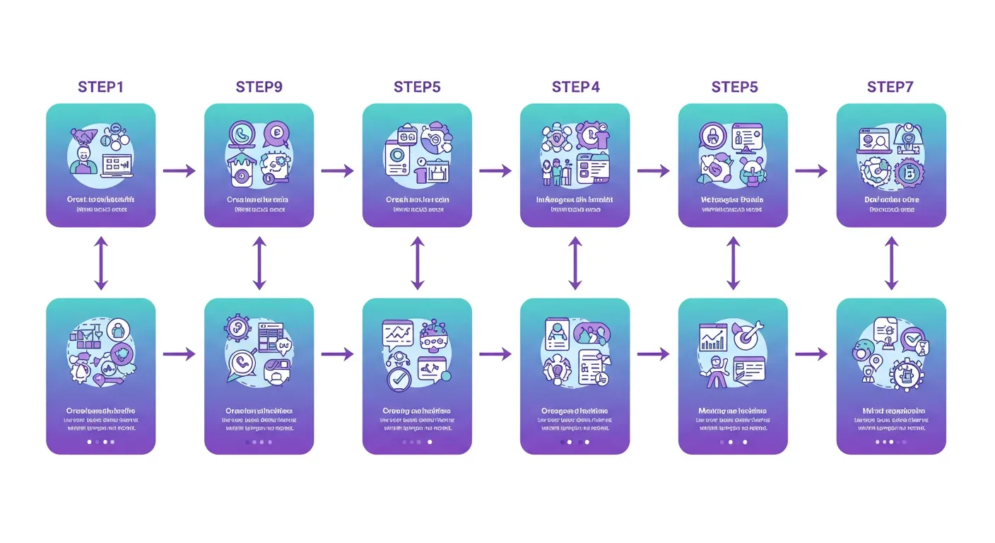 Flowchart of the 12-step WhatsApp chatbot setup process from Meta Business account creation to going live