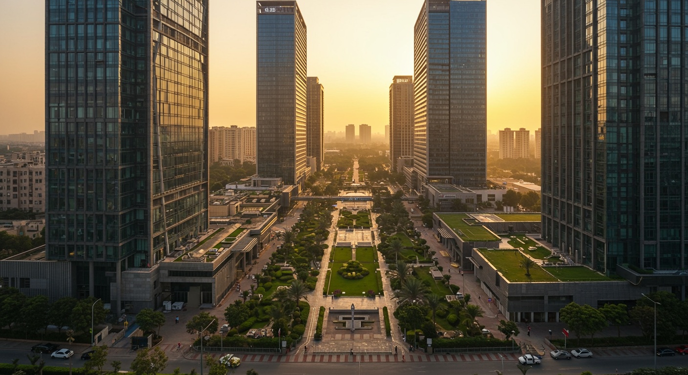 Aerial city view at golden hour representing business growth